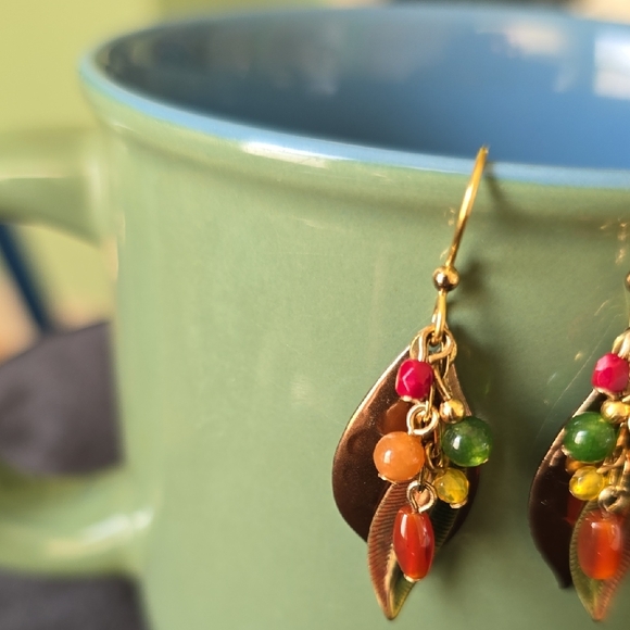 Silver Forest Gold Leaf Earrings with Multicolor Beads - Picture 2 of 4